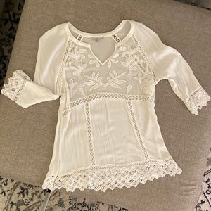 Stitch Fix Pale Sky cream colored lacy top. Sheer with cut outs.